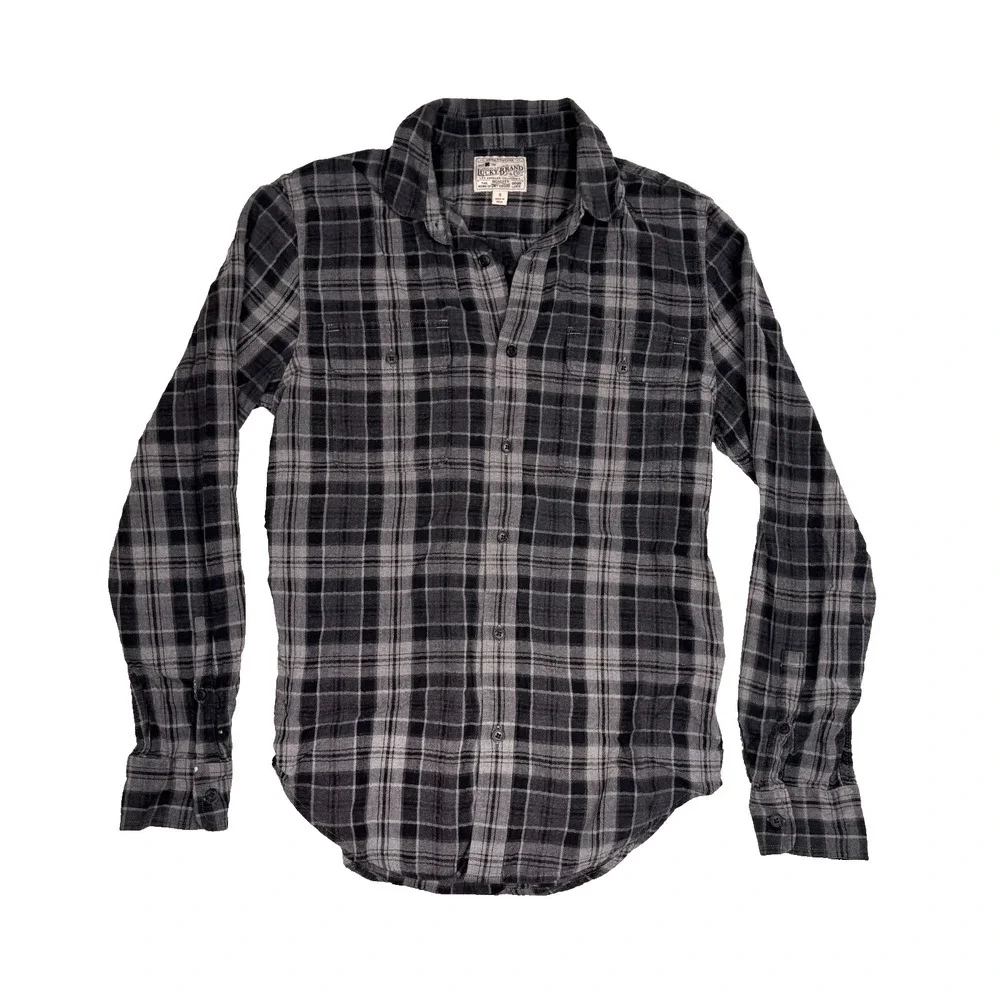 Lucky Brand Classic Fit Flannel Shirt Size Small Mens Plaid Warm‎ Black Gray
